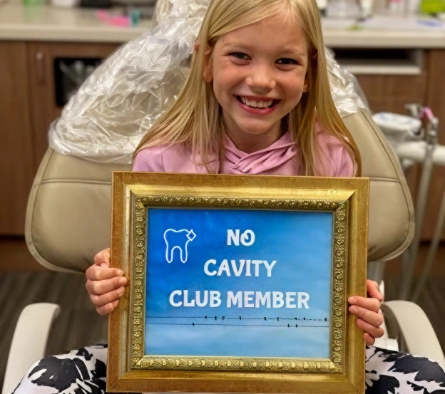 Young girl holding framed "No Cavity Club Member" certificate in dental office setting.